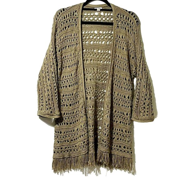 Westport women’s size M open knit tan fringed open cardigan - Picture 1 of 8